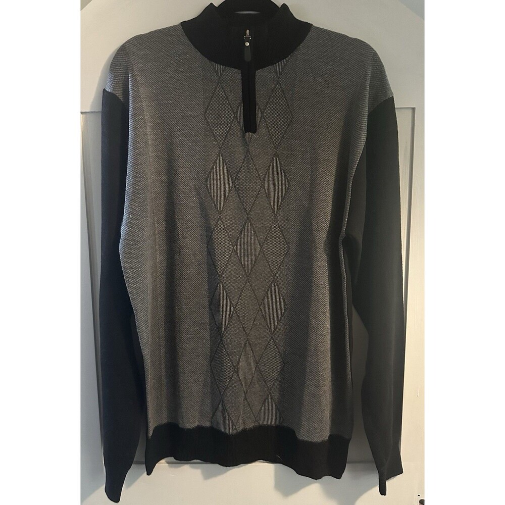 🖤Studio By Omega Vintage Pullover Sweater Black & Gray Argyle 1/4 Zip Men’s L